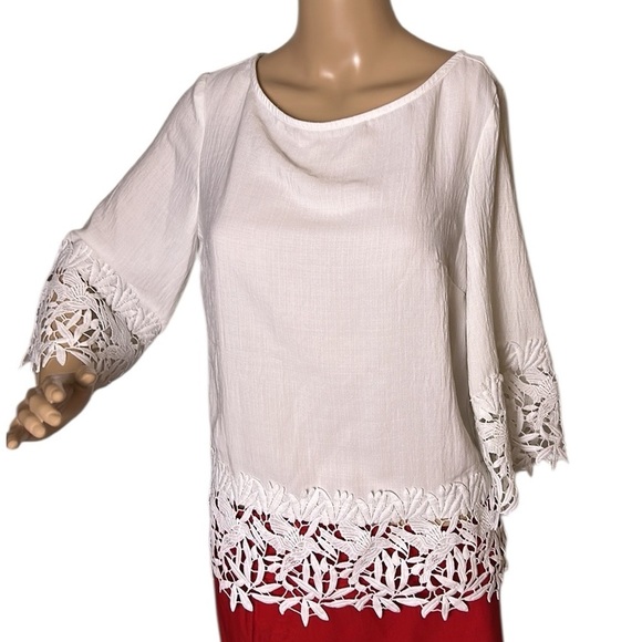 Joseph Ribkoff white heavy lace Trim Blouse.PTP 19”, OVERSIZED,sheer,boxy - Picture 3 of 16